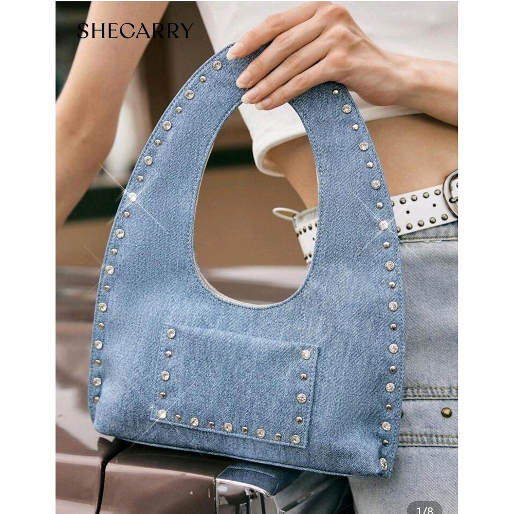 Trendy Denim Studded Crescent Handbag Blue Jean Purse with Crystal Rivets